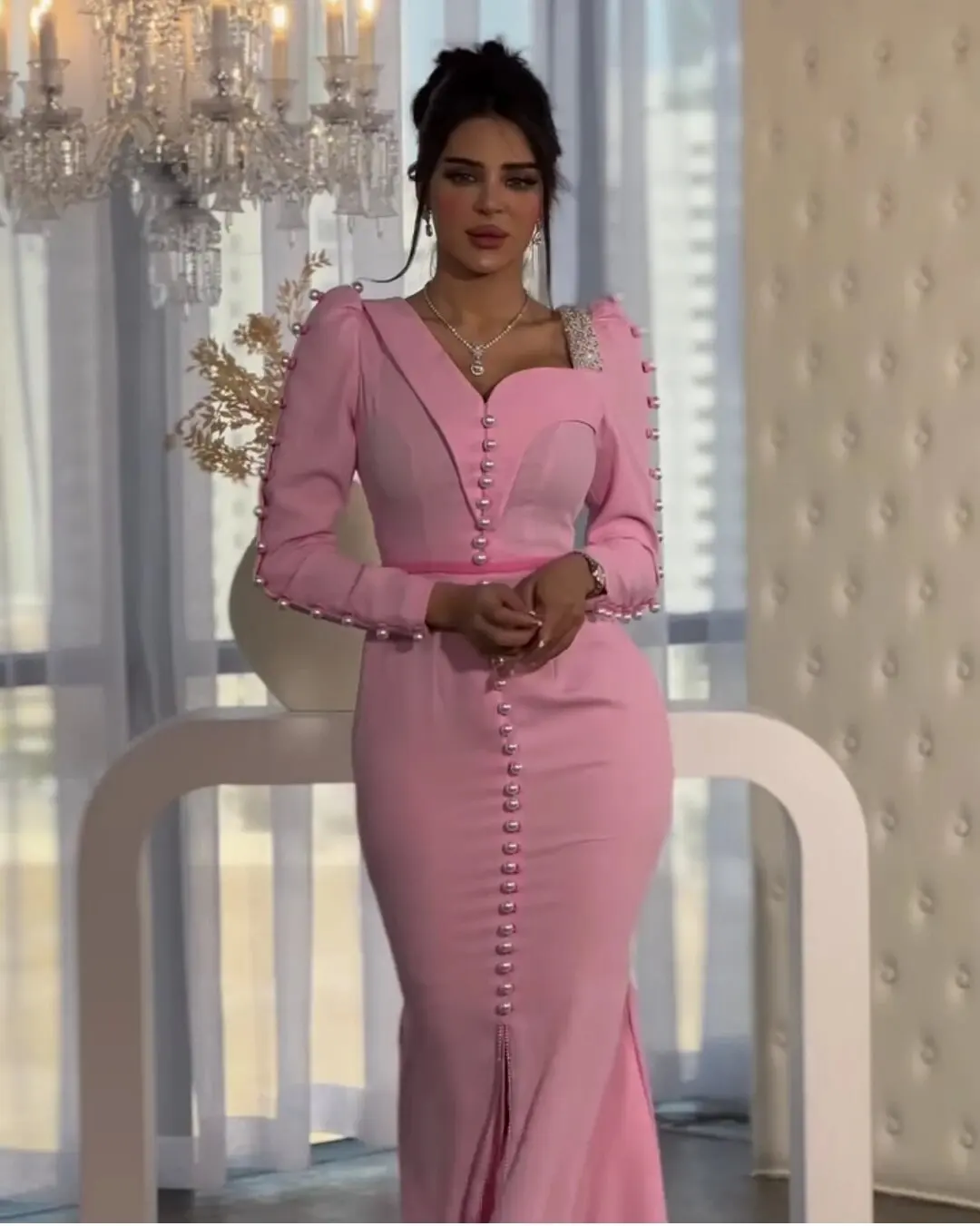 New Style Pink Mermind Evening Dresses Pearls Women V Neck Floor-Length Super Elegant Party Dress 2023فساتين السهرة