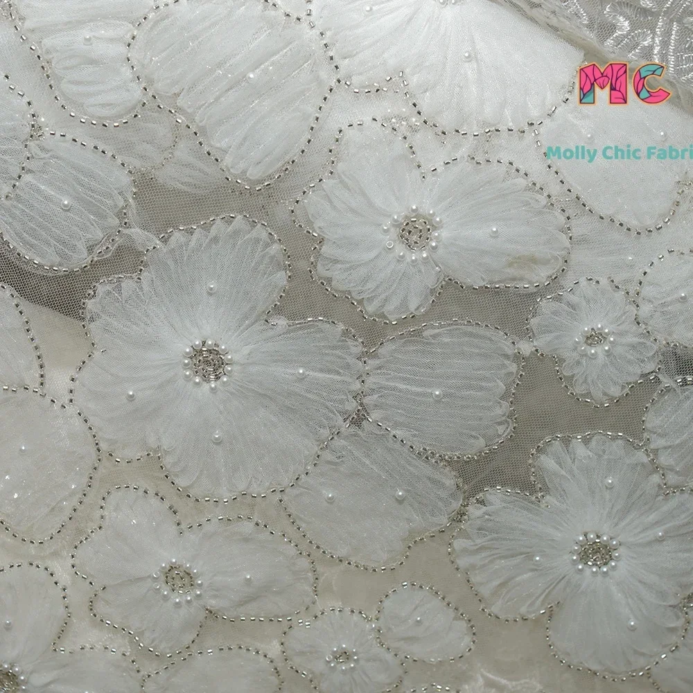Flower 3D Nail Bead Embroidery Lace Breathable Fabric Sewing Wedding Dress Evening Dress Adult Dress Fabrics For Sewing