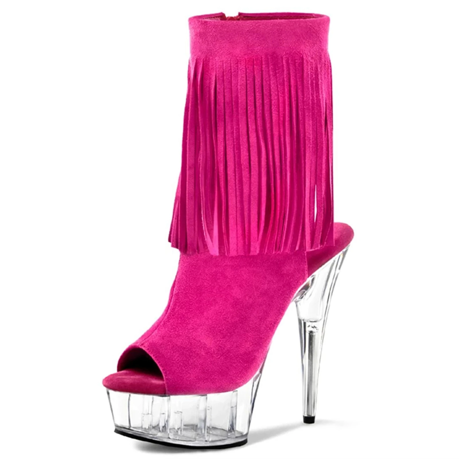 

15CM Platform Peep Toe Boots, Bright Pink Suede Ankle Booties with Long Fringe, Transparent Sole Evening Shoes