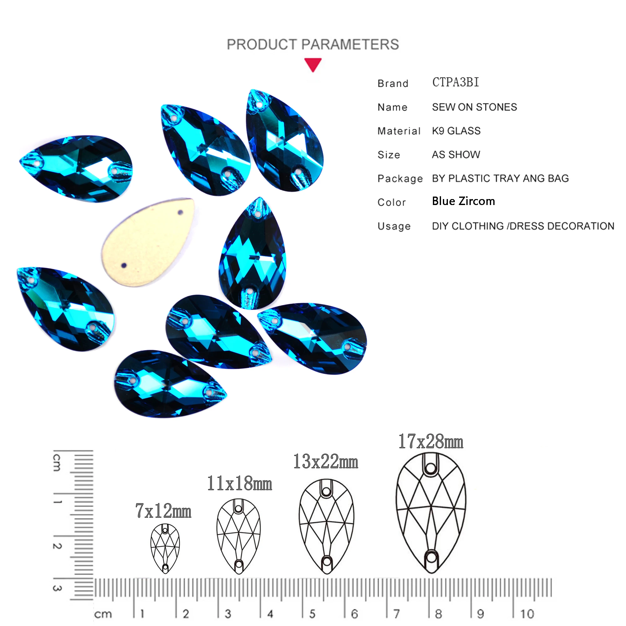 3230 All Sizes Blue Zircon Drop Super Glitter Strass Flatback Sew On Crystal Rhinestone For Sewing