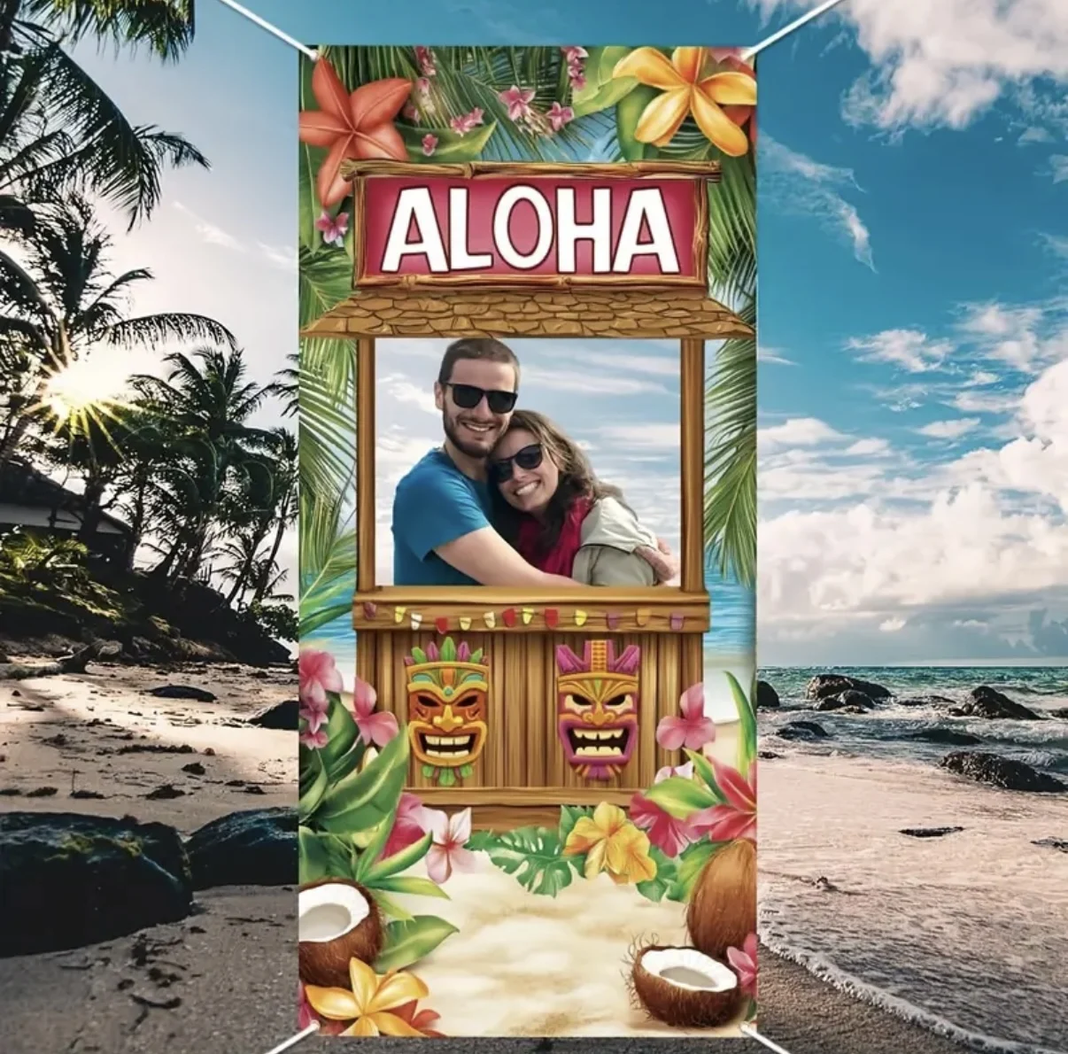 

Hawaii Aloha Photo Wall Props Banner Hollow Tropical Beach Flowers Selfie Frame Tiki Bar Birthday Party Decoration