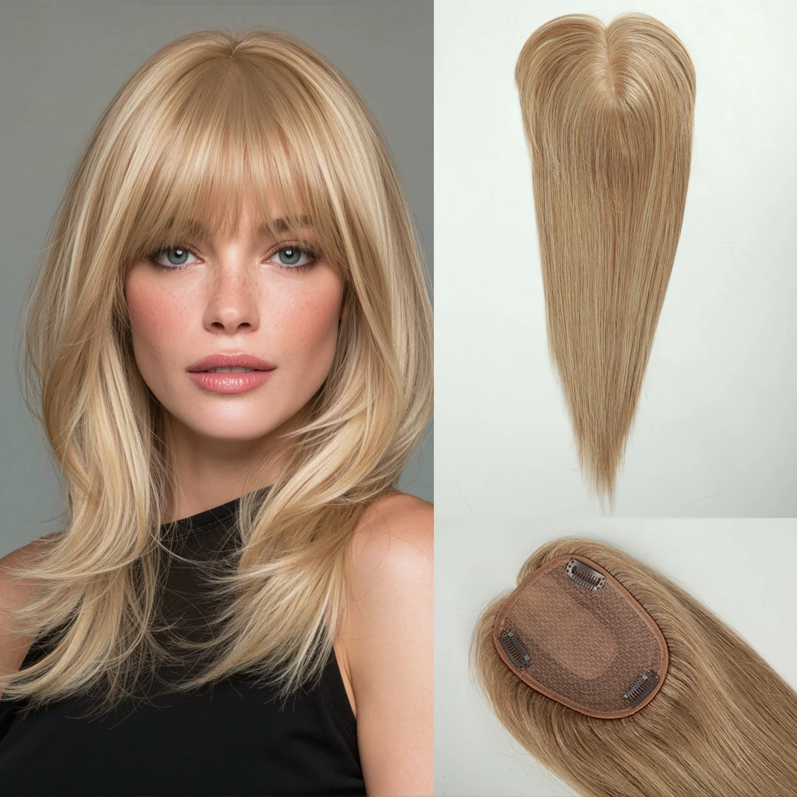 Natural Blonde 14 In Straight Silk Base Top Human Hair Topper with Bangs Clips 100% Remy Hairpieces for Women HairToppers Female