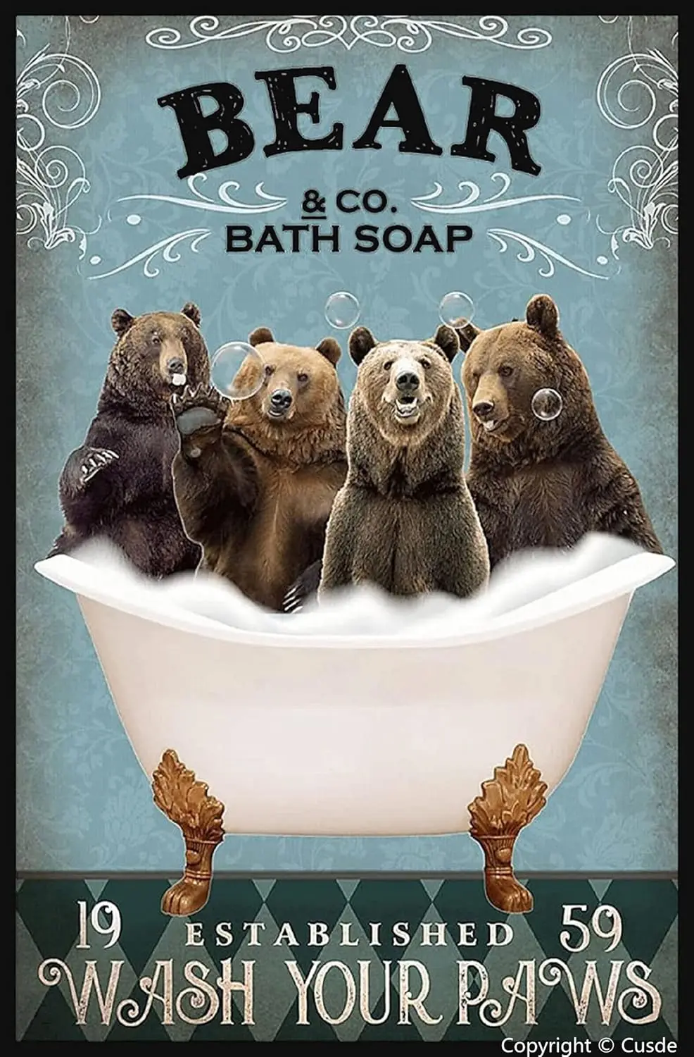 Cusde Funny Bear Decor Wash Your Paws Vintage Bathroom And Bathtub Metal Tin Sign Wall Decor Bear Pet Lovers Gift Home Bath sign