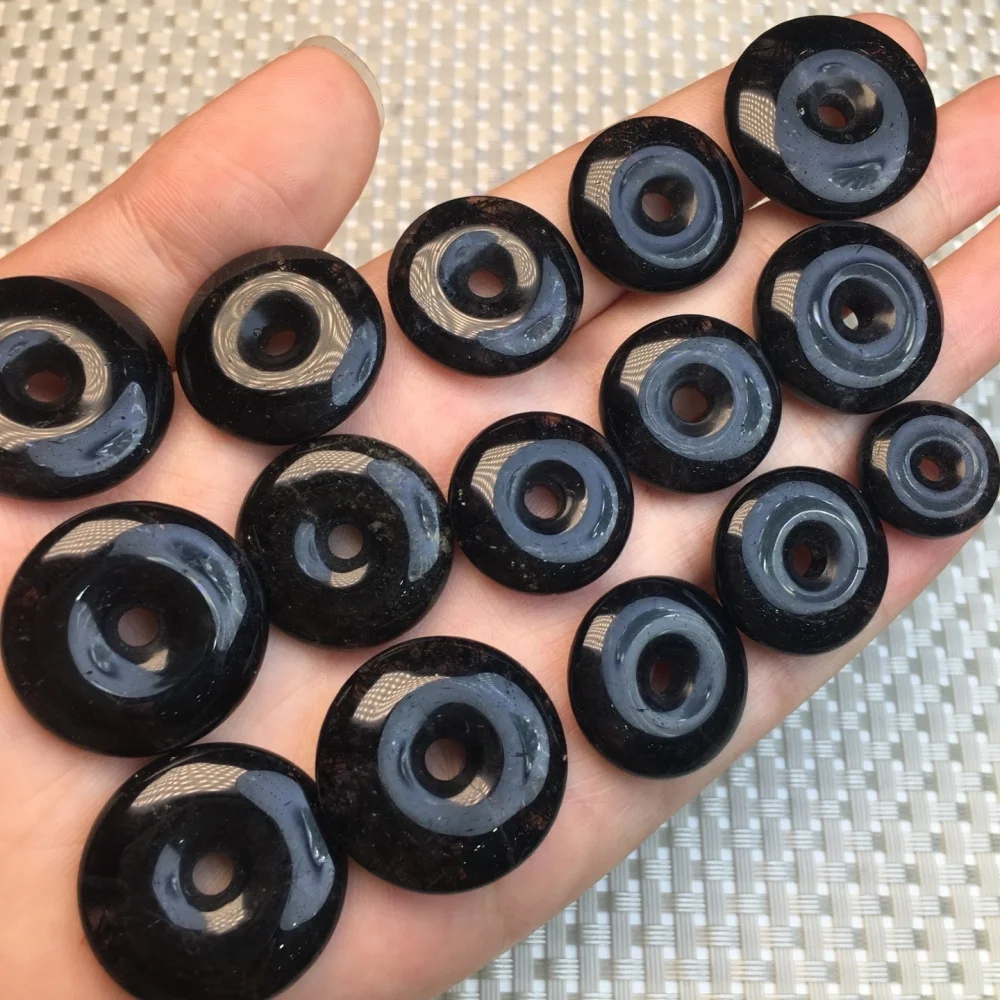 6PC 15mm Natural Black Hair Quartz Donut Pendants Peace Buckle Charms for Necklace Jewelry Making Reiki Healing Crystals