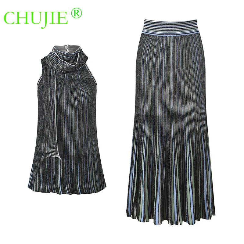 

CHUJIE 2026 Spring Summer Color-block Striped Elegant Fashion Slim-fit Tie-neck Knit Vest + Skirt Two-piece Set