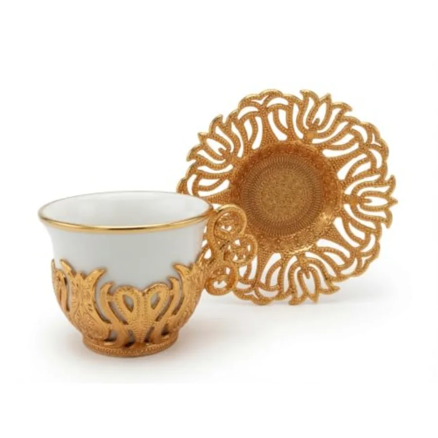 Turkish Coffee Cup Set for Home Use White Porcelain and Zinc Metal with Turkish Motifs Gold Trim 6 Cups and Saucers view 6