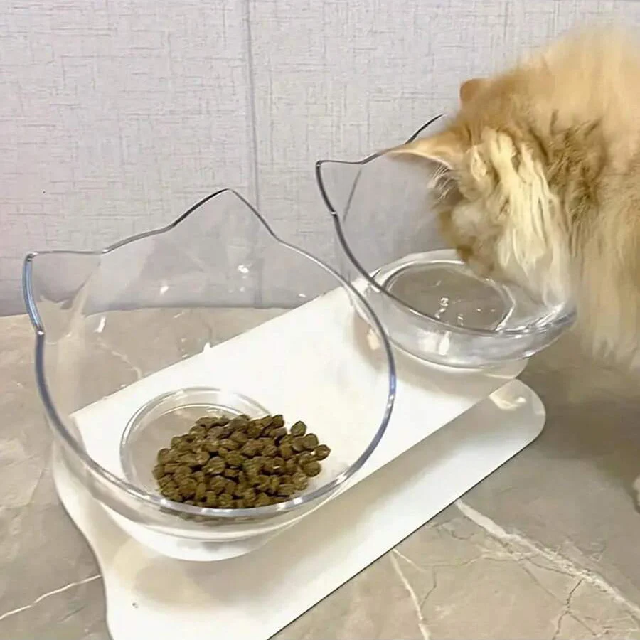 Tigela para Gatos com Boca Inclinada, Tigela Dupla Protetora do Pescoço para Gatos, Tigela Transparente para Animais de Estimação, Tigela para Ração de Gato, Suprimentos para Animais de Estimação, Tigela com Orelhas de