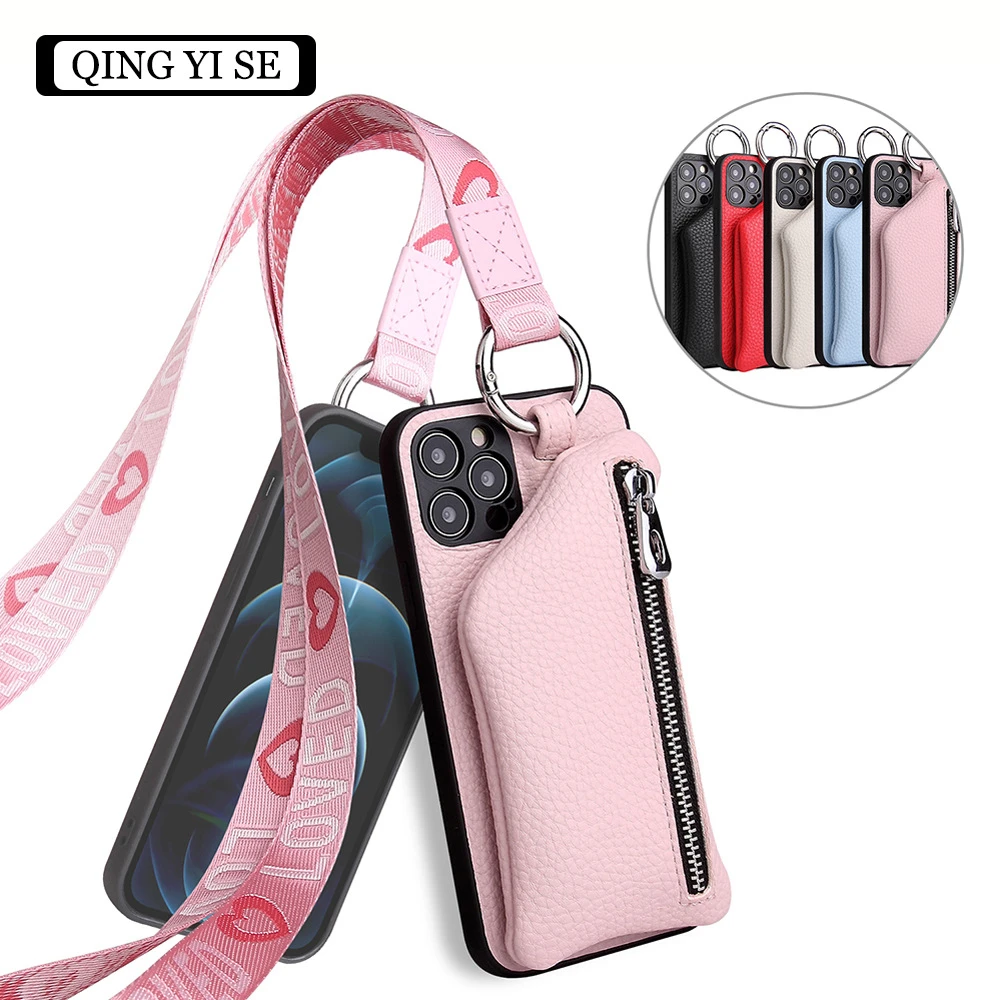 

Wallet Shoulder Strap Case For iPhone 15 Pro Max 14 13 12 11 Pro Max 15 Plus 14 Plus Zipper Leather Card Slot Lanyard Back Cover