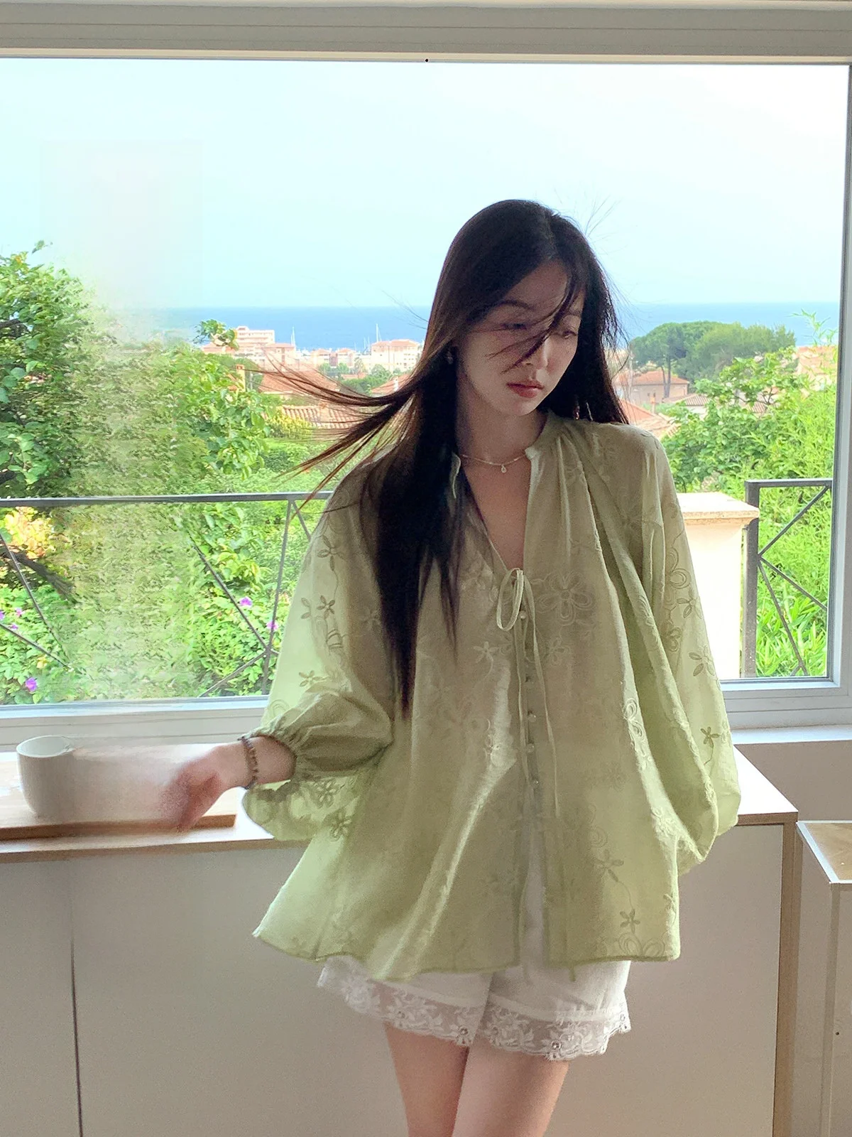 

Aboutpoem Summer irt Women's round Ne Long Sve Embroidered Heavyweight Lantern Sve Blouse Belt Design Cover up