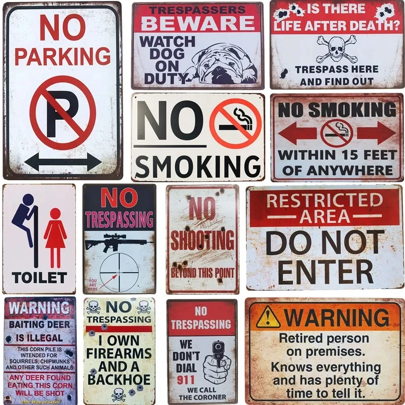 Vintage Caution Metal Tin Signs Warning No Parking Toilet Danger Public Place People Art Posters Plaque Pub Garage Wall Decor