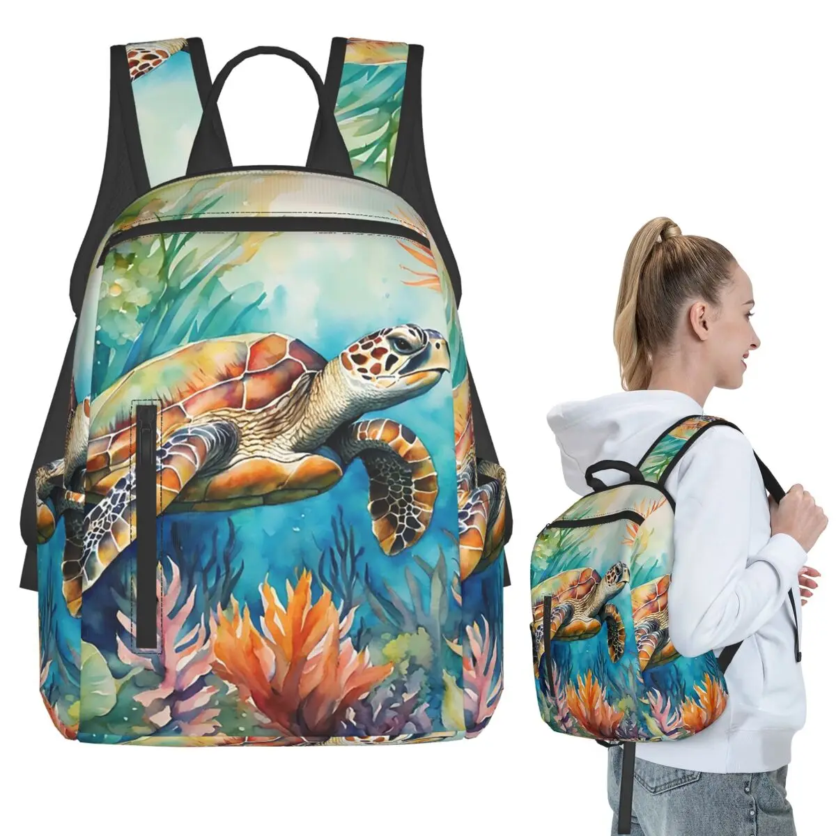Sea Turtle Coral Watercolor Painting Backpack Student BookBag Kids School Bag Laptop Shoulder Bags Boys Girls