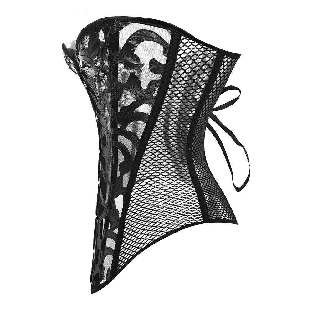 Black Women\'s Breathable Shapwear Costumes Sexy Transparent Mesh Corselet Hollow Out Corset Bustier Top