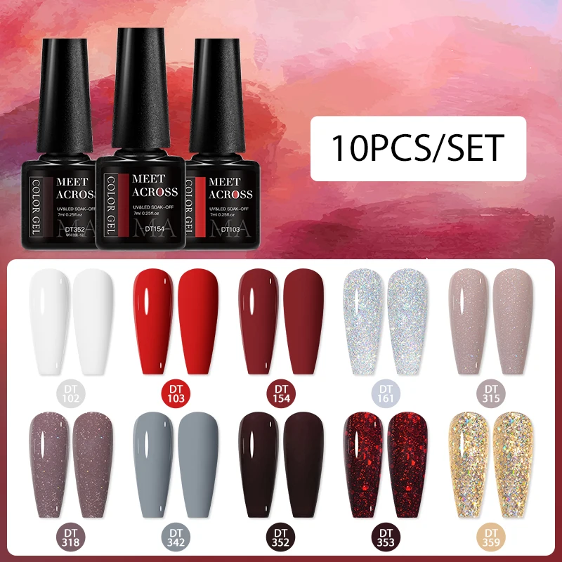 

MEET ACROSS 10pcs/set 7ml Gel Nail Polish Kit Christmas Gift Red Golden Glitter Color Semi-permanent Varnish UV Gel Nail Art Set