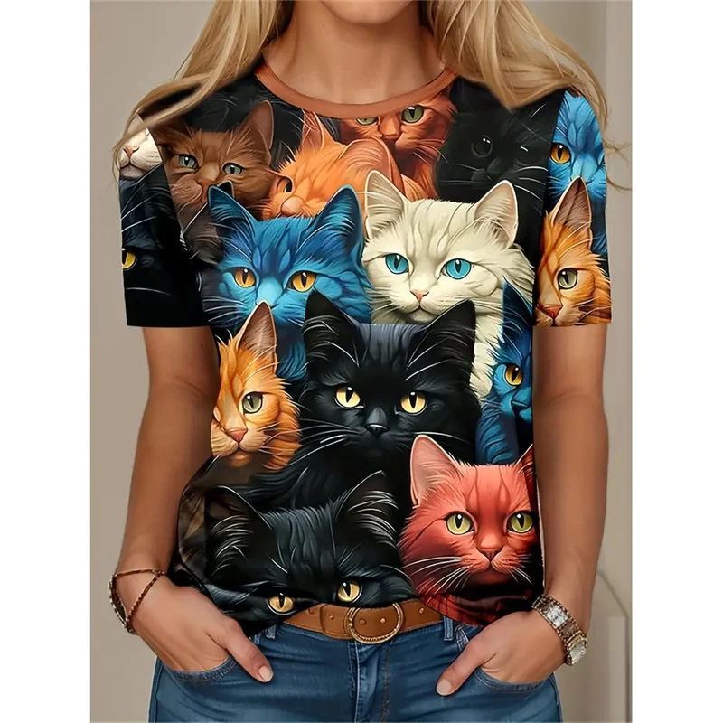 Funny Cat Graphic T Shirt Women Cartoon Animals 3D Printed T-Shirts Summer Oversized Short Sleeve O-Neck Tees Streetwear Tops