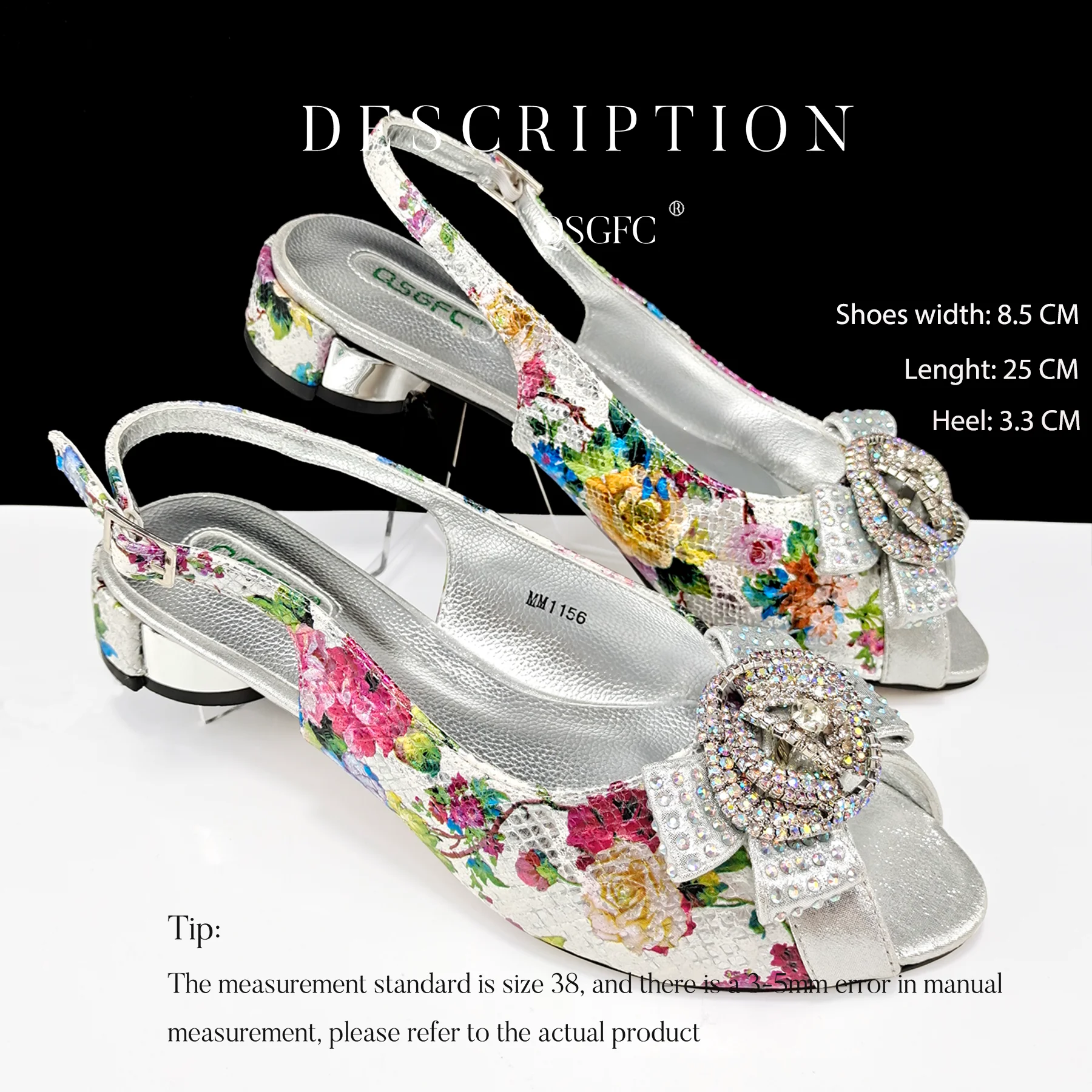 Mature Style Silver Color Party Peep Toe Med Heel Lady Shoes and Bag Set With Colorful Print and Rhinestone Design Decoration