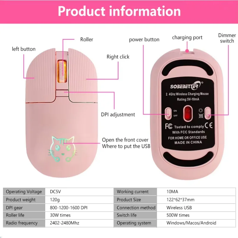 2.4G Wireless Mouse Cartoon Luna Cat Rechargeable Long Battery Life Mute Gaming Mouse Suitable for laptops PC RGB luminescence