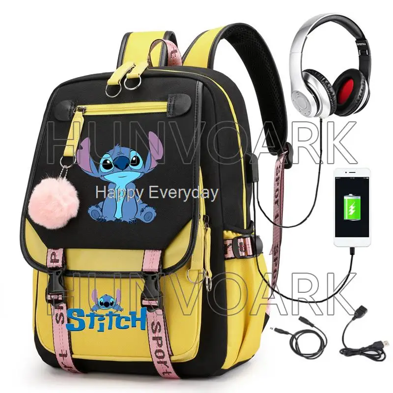 cartoon Lilo And Stitch School Bags Waterproof USB Casual Travel Backpack Women Capacity Travel Laptop Mochilas School