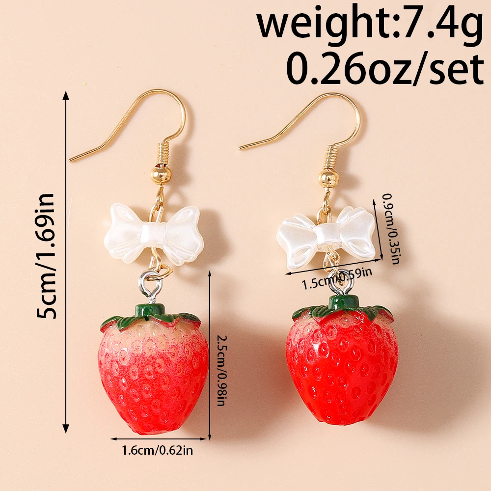 Aihua Koreanische Harz-Ohrringe mit Schleife und Erdbeere für Frauen und Kinder, Simulierte Frucht-Hängeohrringe, Geburtstags-Schmuck-Accessoires – Detail 7