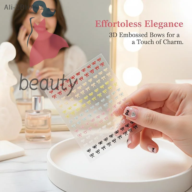 2Pcs 3D Embossed Bow Nail Stickers Multicolor Mini Bow Nail Art Decals Self Adhesive Manicure Decorations