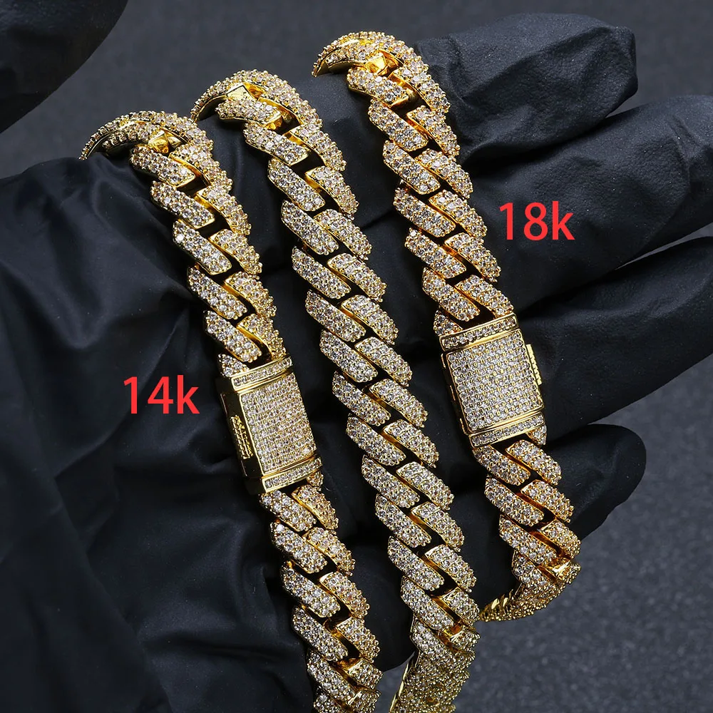 

10/12/15mm 14K 18K Gold Plated Miami Cuban Link Chain Hip Hop Style Shinning Fine Iced Out Cuban Link Necklace Men Jewelry