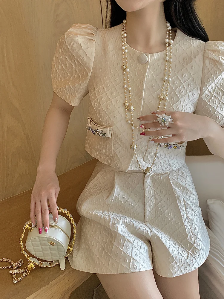Aoi Summer Y2k Fashion Two-Piece Set Women Socialite Elegant Relief Luxury Diamonds Cardigan Tops+High Waist Shorts Skirt Suit