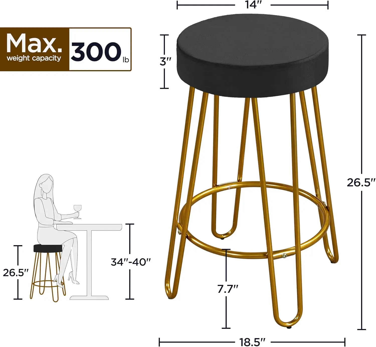 バースツール 4 個セット、ベルベットラウンドカウンタースツール、ブラック、背もたれなしキッチンダイニングルームパブカフェチェア