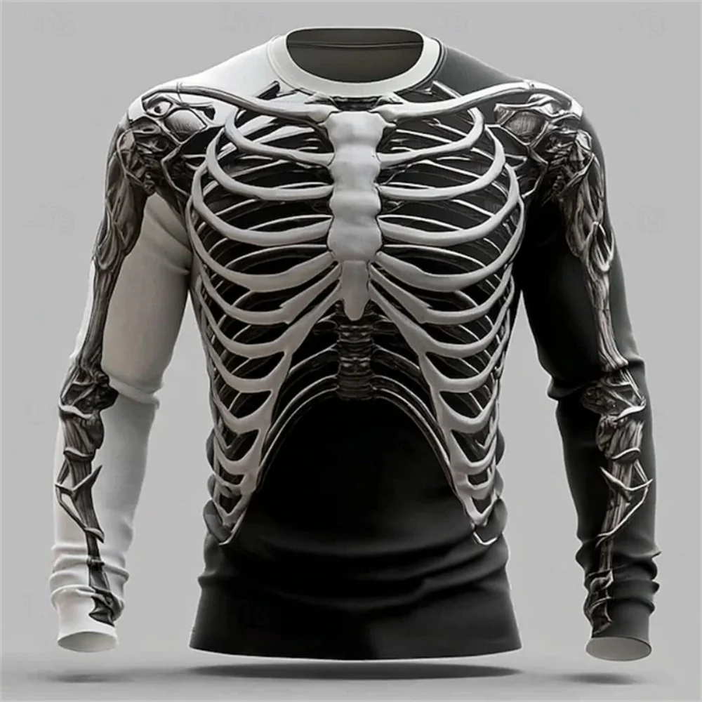 Fashion Muscle T-Shirt Men's Gothic Long Sleeve T-Shirt for Mens Men Long-Sleeved Halloween Skeleton Print Cosplay Party Costume