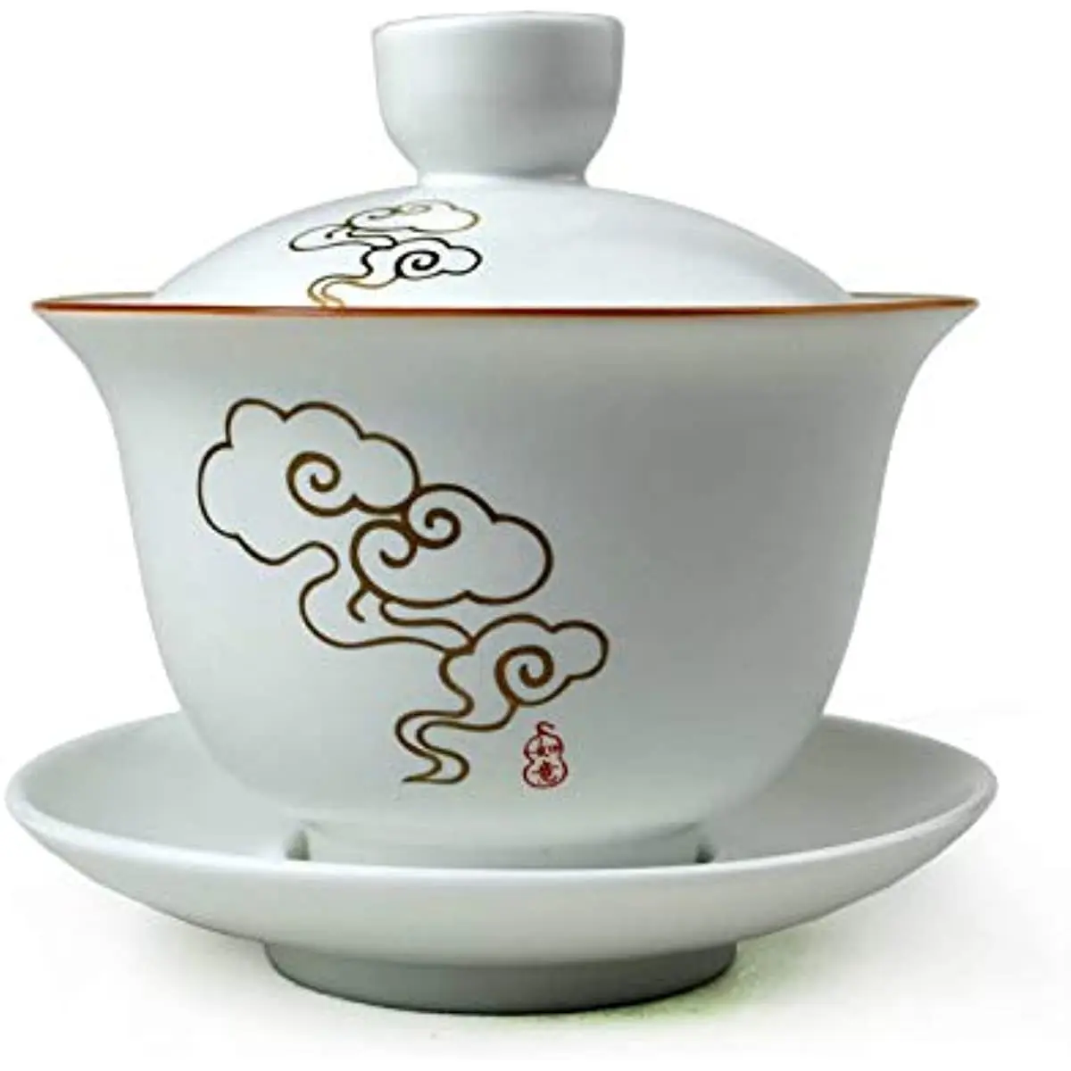 

Porcelain Gaiwan 8oz Teacup White Glazed Tureen Chinese Sancai Cover Bowl Lip Cup Saucer Set (Auspicious Clouds) 240ml