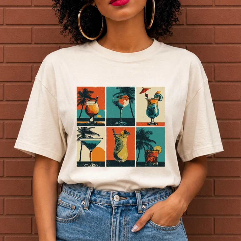 Retro Tropical Cocktail Print T-Shirt for Women Vintage Collage Casual Cotton Tee Summer Vacation Aesthetic Short Sleeve