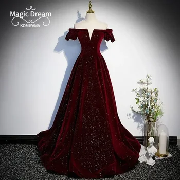 Vestido de noche personalizado de terciopelo rojo vino con un solo hombro, temperamento de cintura delgada para mujer, Vestidos de fiesta de boda elegantes Pr