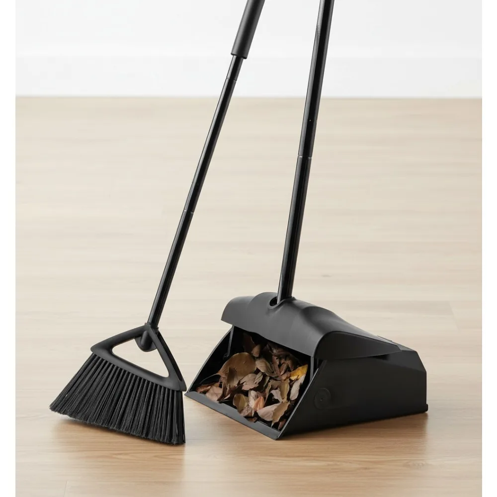 

Long Handle Angle Broom & Dustpan Combo, Windproof Lid, Split-end Bristles for Indoor Outdoor Cleaning