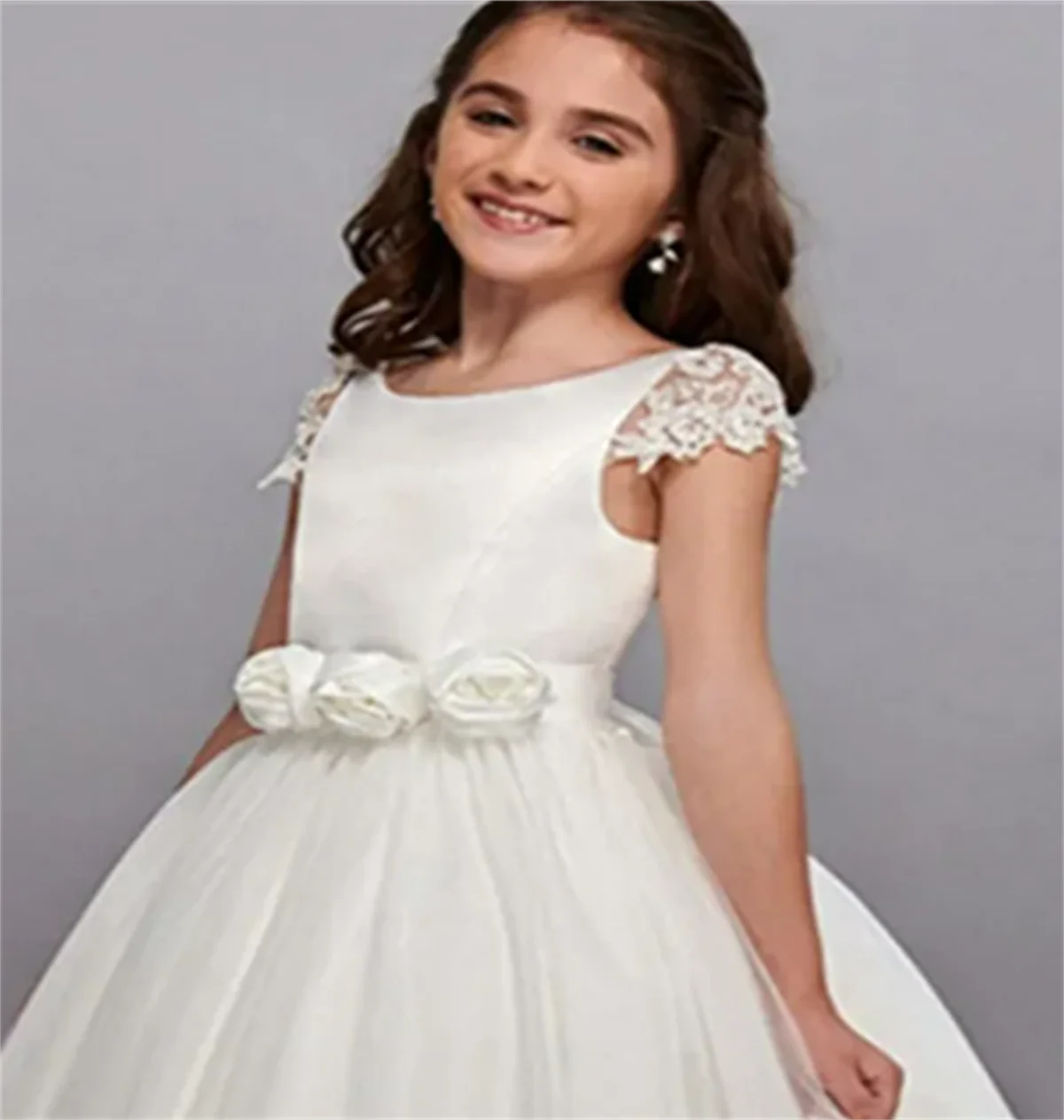 Lace Tulle Decal Flower Girl Dress Beaded Wedding Elegant Flower Child's First Princess Eucharist Birthday Party Dress