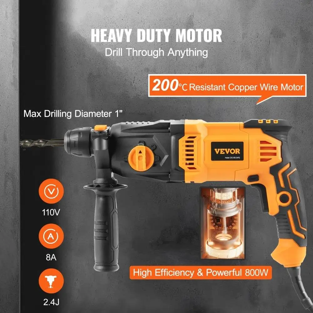 1” Rotary Hammer Drill - 4 Modes Corded SDS-Plus Chipping Hammers for Heavy-Duty Work