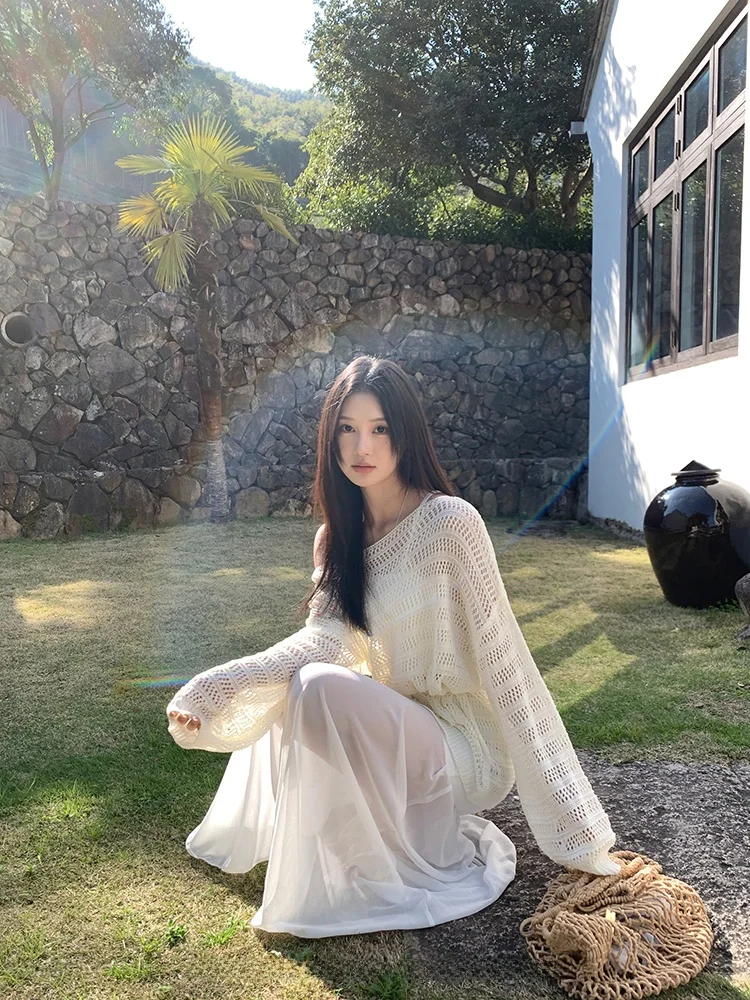 

Свободный вязаный комплект из двух предметов: топ с вырезами на плечах и майка для женщин, защита от солнца, Ssong Ssong Lazy Aosphere