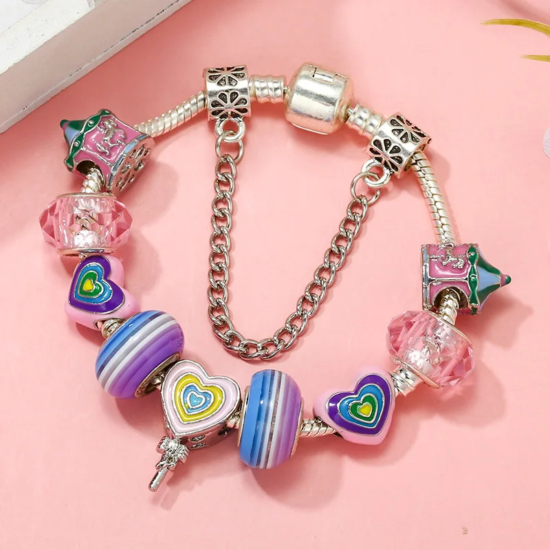 Dreamy Carousel Bead Charm Bracelet With Love Heart Lollipop Pendant DIY Fashion Snake Chain Jewelry Making For Women New Desgin