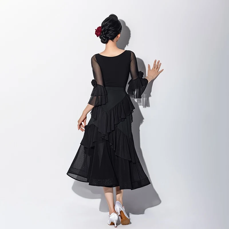 2025 Ballroom Dance Performance Costumes Women Mesh Top Big Swing Fishbone Skirt Modern Dance Waltz Competition Wear DN21431