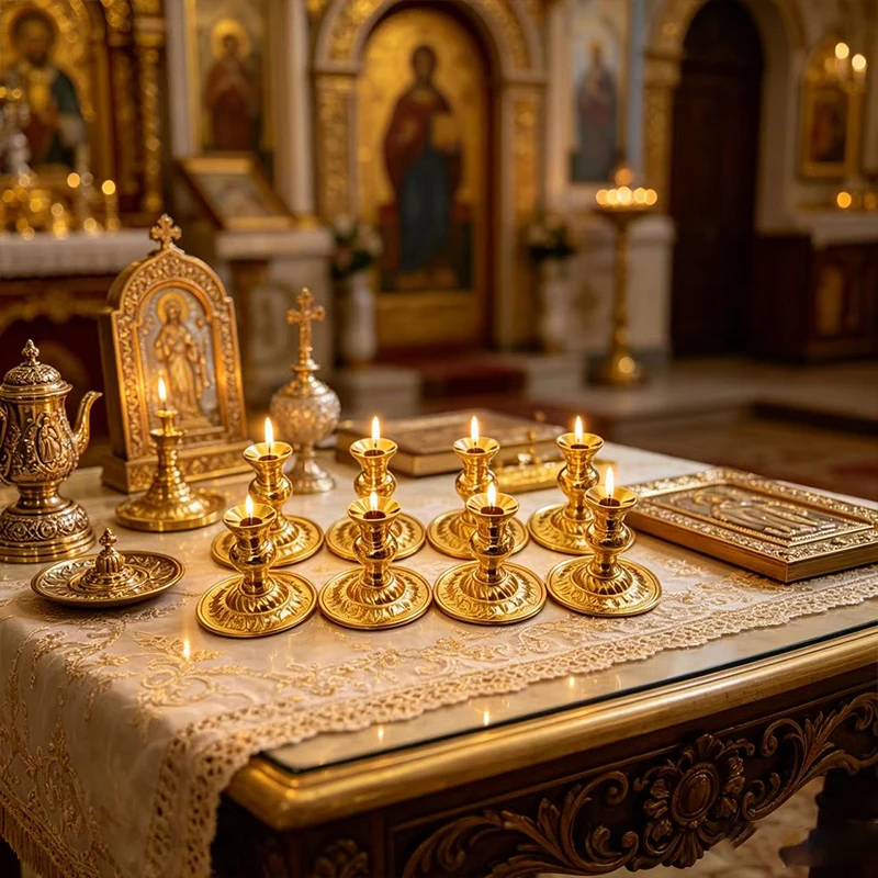 Vintage Gold Metal Orthodox Candle Holders Set Small Ornate Byzantine Candlesticks for Home Altar Church Decor Religious Gift Se