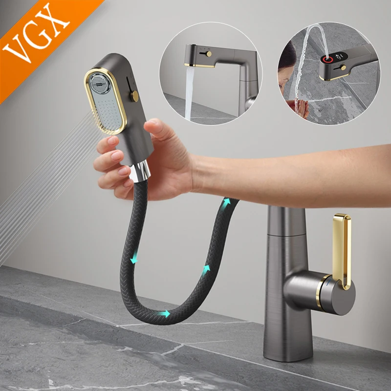 VGX Multifunctional Bathroom Faucets Pull Out Basin Mixer Sink Faucet Gourmet Temperature Display Tap Tapware Crane Brass Grey