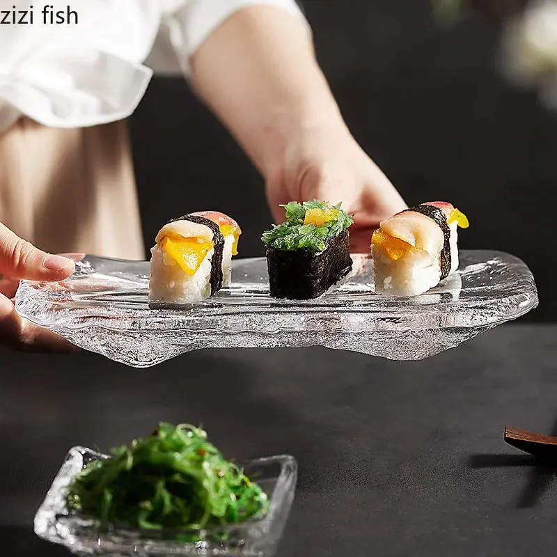 Creative Rectangular Glass Sashimi Sushi Plates Cooking Dishes Simple Restaurant Tableware Snack Dessert Dish Serving Platter