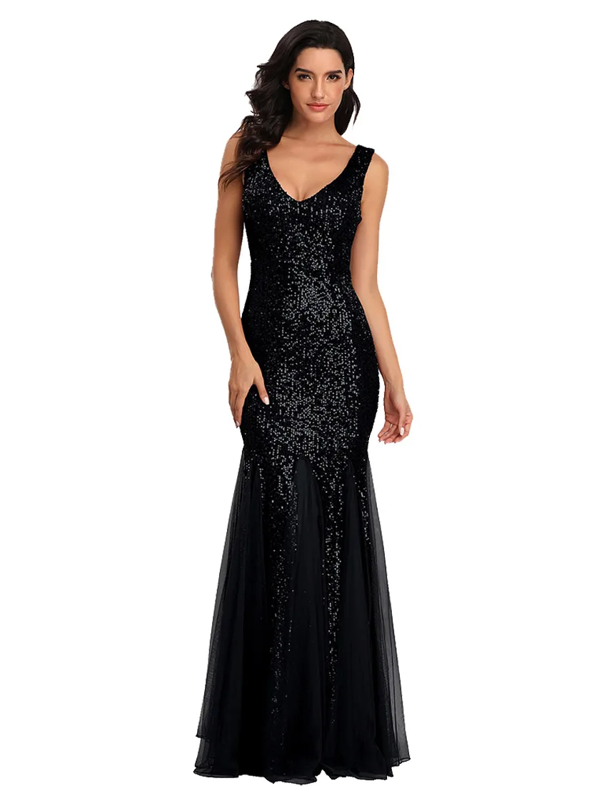 Sequin Spliced Mesh Mermaid Plus Size Evening Gown Double V Neck Sleeveless Hot Selling Bridesmaid Stretch Dress Prom Gown