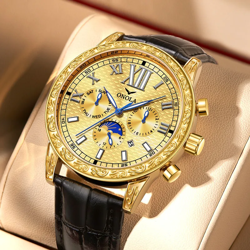 2023 New Brand Mechanical Automatic Vintage Watch for Men Dress Leather Luxury ONOLA Moon Phase Chronograph Character Watches