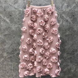 Falda de tul con flores en 3D para mujer, Falda Midi de cintura alta con encaje elástico, diseño elegante, estilo imperio coreano, Vintage, verano, 43906