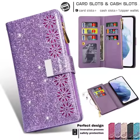 Wrist strap Flip Leather Phone Case For Samsung Galaxy S25 Edge S24 Plus S23 FE S22 Ultra S21 Note 20 Zipper Wallet Card Cover