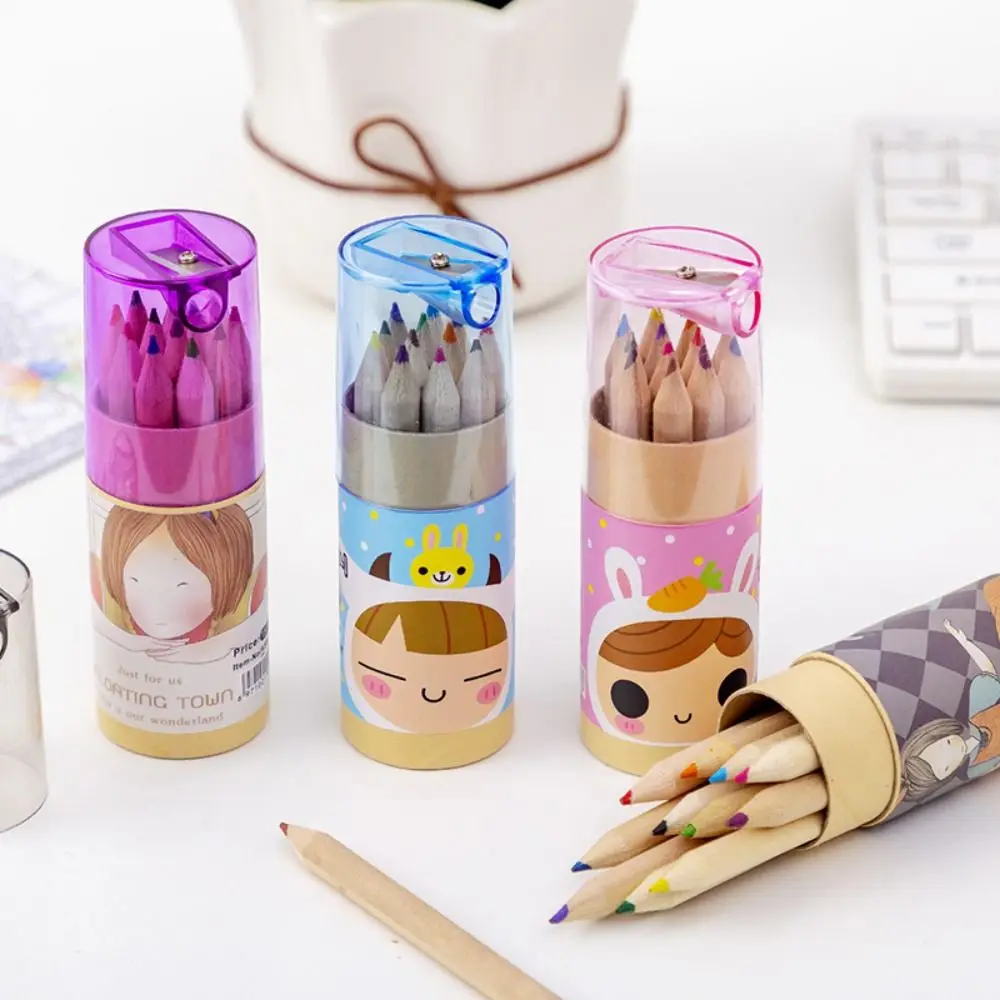 12pcs 12 Colors Cartoon Painting Pencil Set Colored Pencils Painting School Office Supplies Hand-Painted with Pencil Sharpener