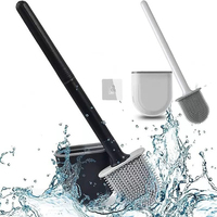 Toilet Brush Water Leak Proof with Base Silicone Wc Flat Head Flexible Soft Bristles Brush with Quick Drying Holder Sets