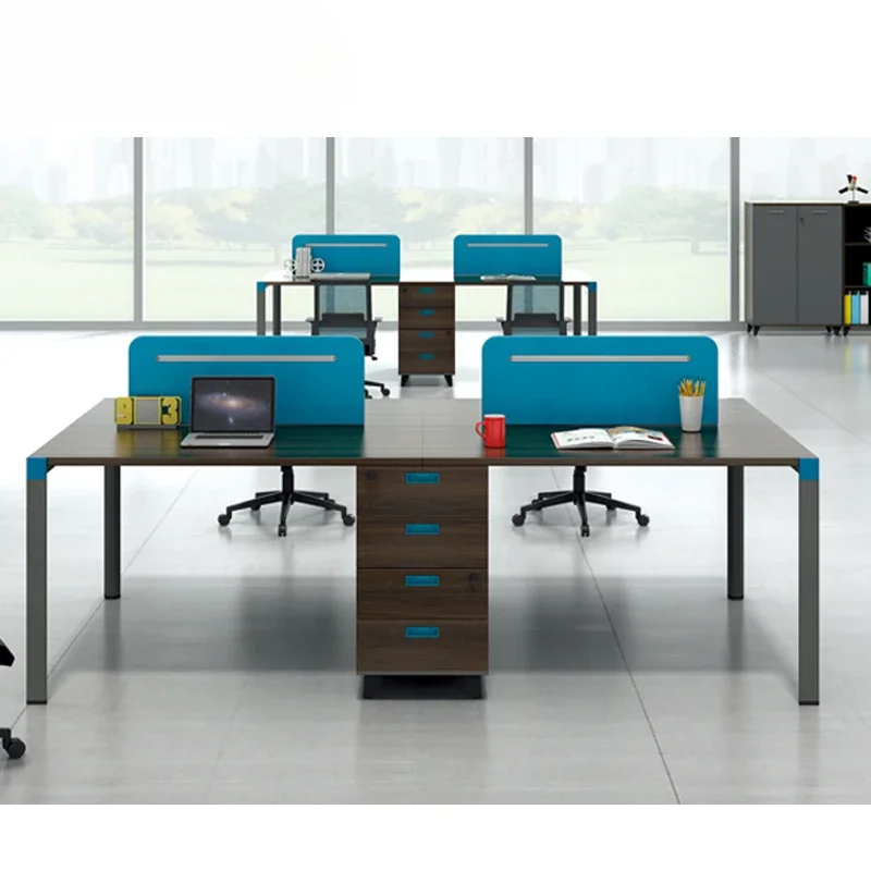 Simple Wooden Workstation Blue Screen Desk Partition With Four Metal Legs Employee desk office furniture