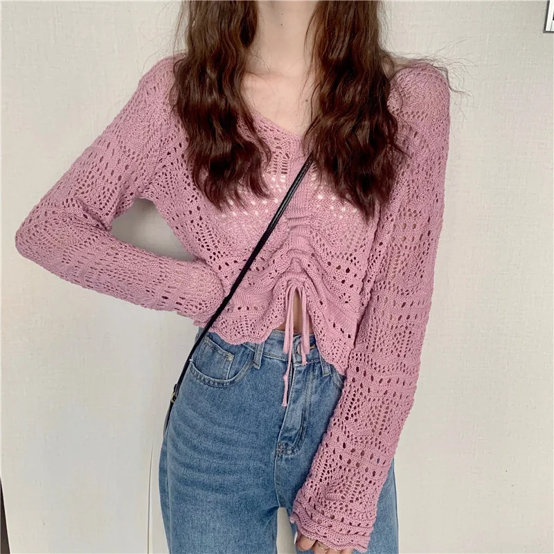 Summer Autumn Women Hollow Out Thin Knitted Pullovers V-Neck Drawstring Sweater Female Long Sleeve Bottoming Knitwear Short Tops