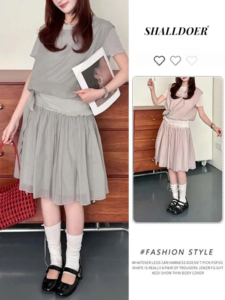 

Casual Fashionable Women's Mesh Vest Short Sleeve Top Belted Short Skirt Set Summer New Arrival Breathable Comfortable Four-P...