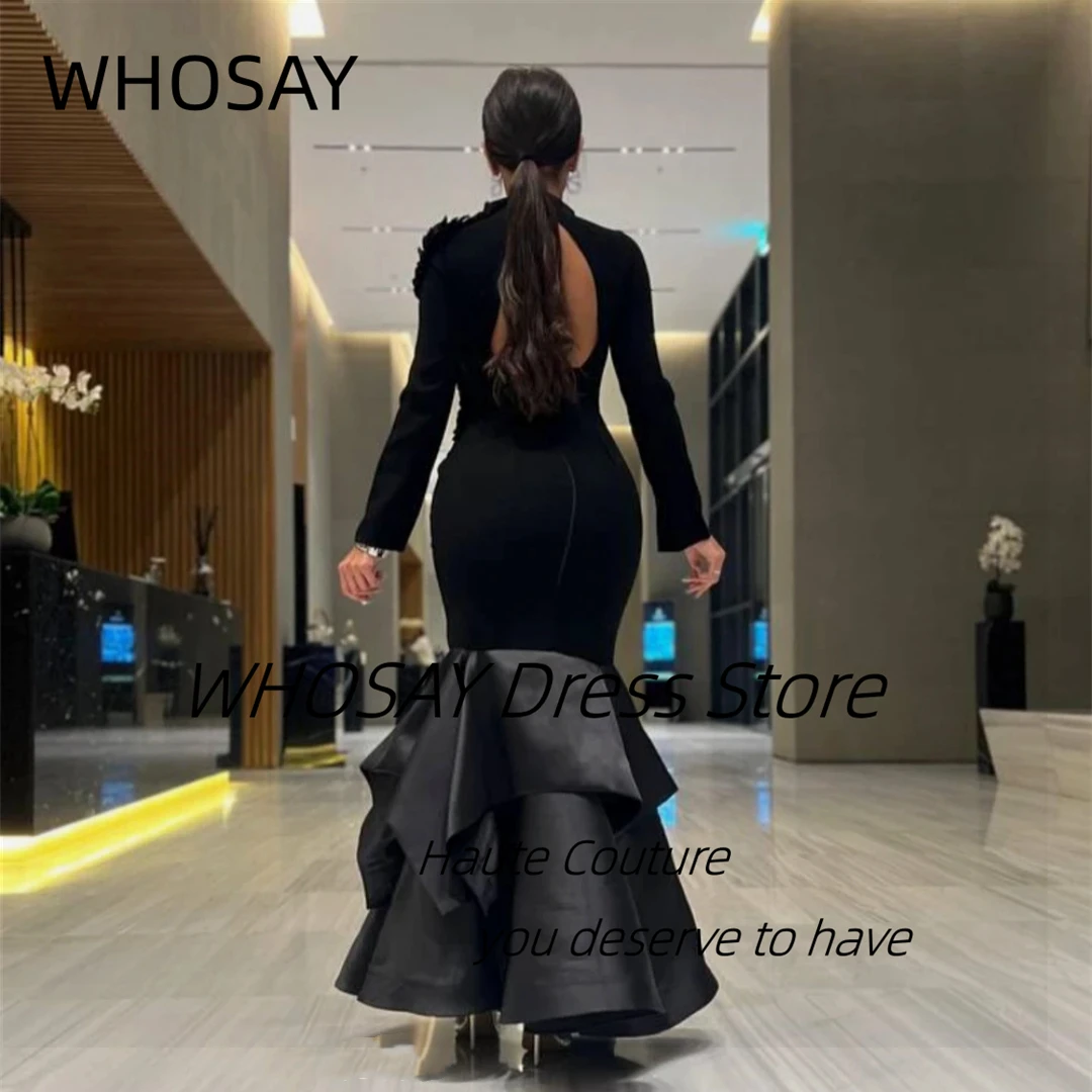 WHOSAY hoge kraag zwarte avondjurken lange mouwen pailletten gelaagde galajurk sexy backless vestidos de noches aangepast