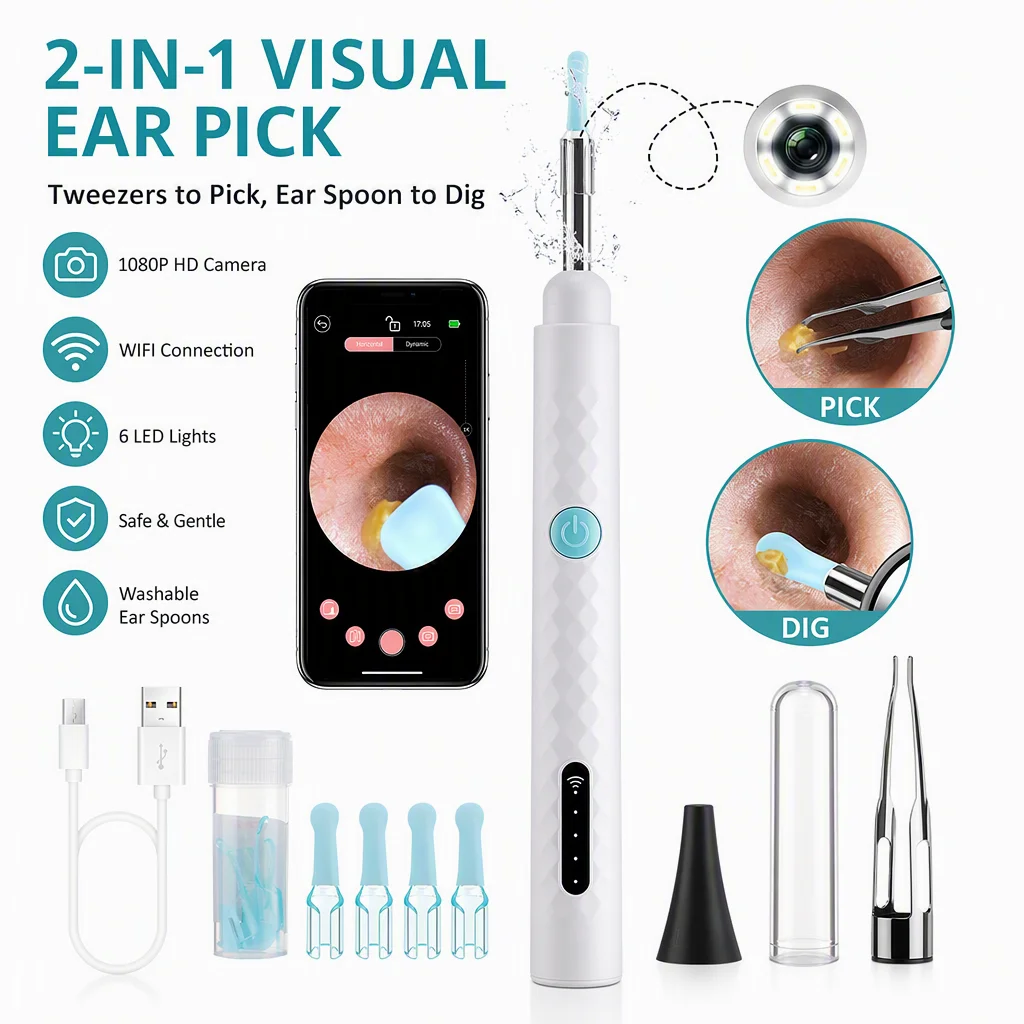 Smart Visual Earwax Cleaner with Camera Earwax Removal Tool Kit 2-in-1 Ear Scoops & Tweezers HD Endoscope Earwax Remover